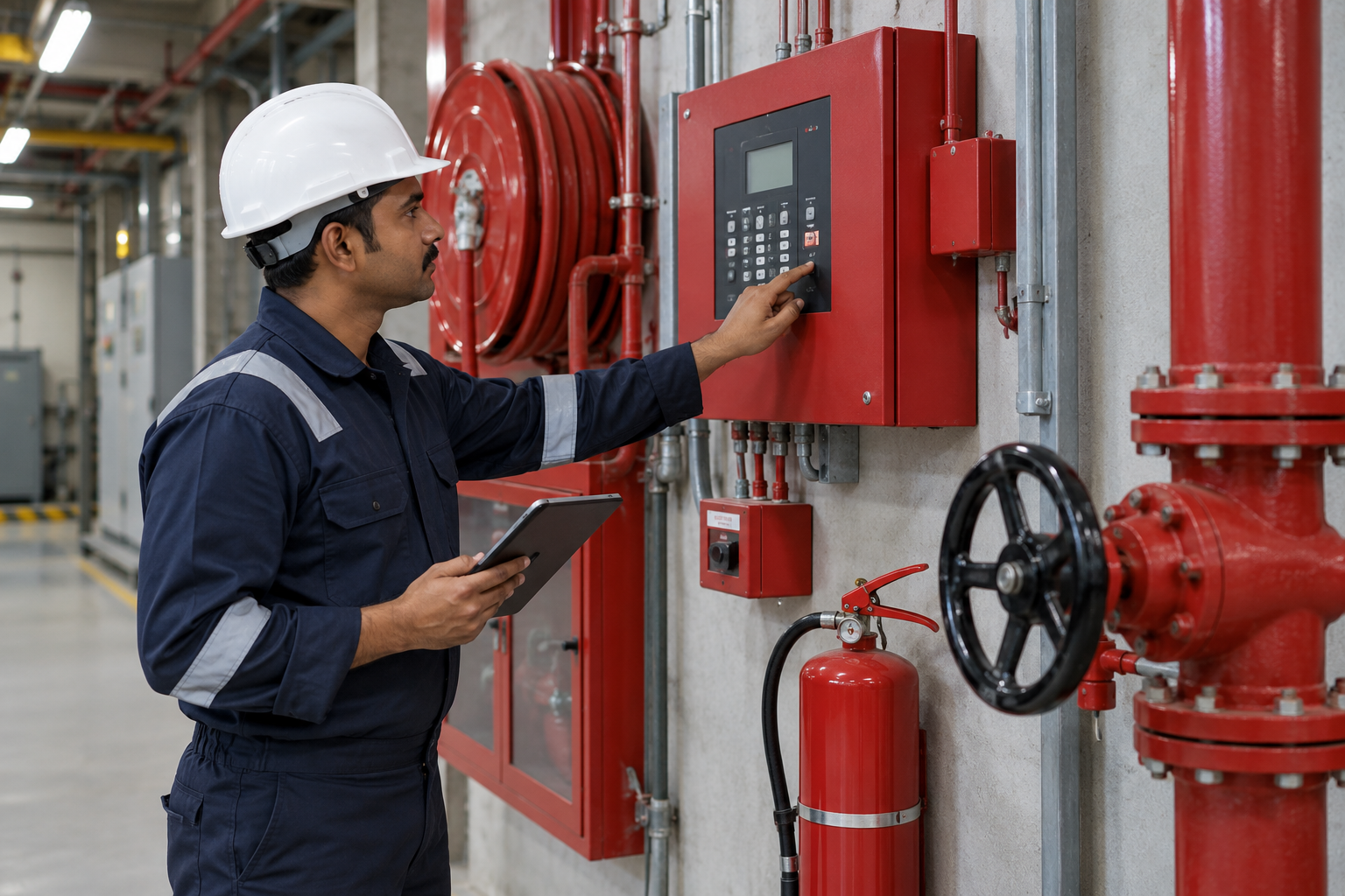 Fire safety technician inspecting a fire protection control panel