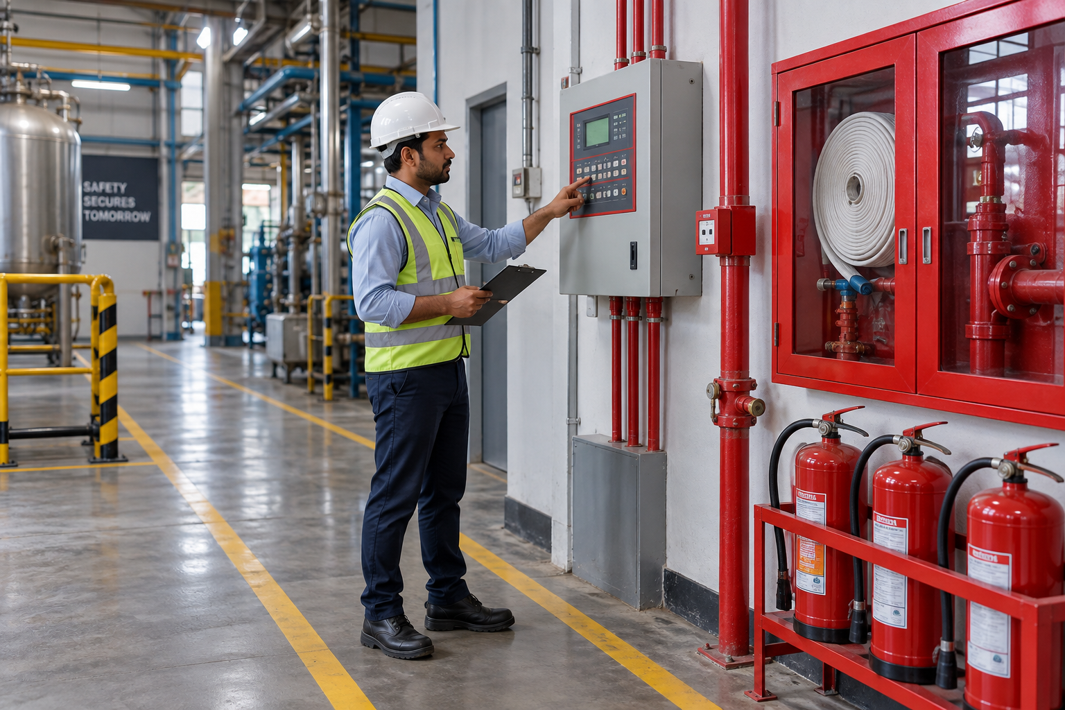Technician inspecting an industrial fire protection installation