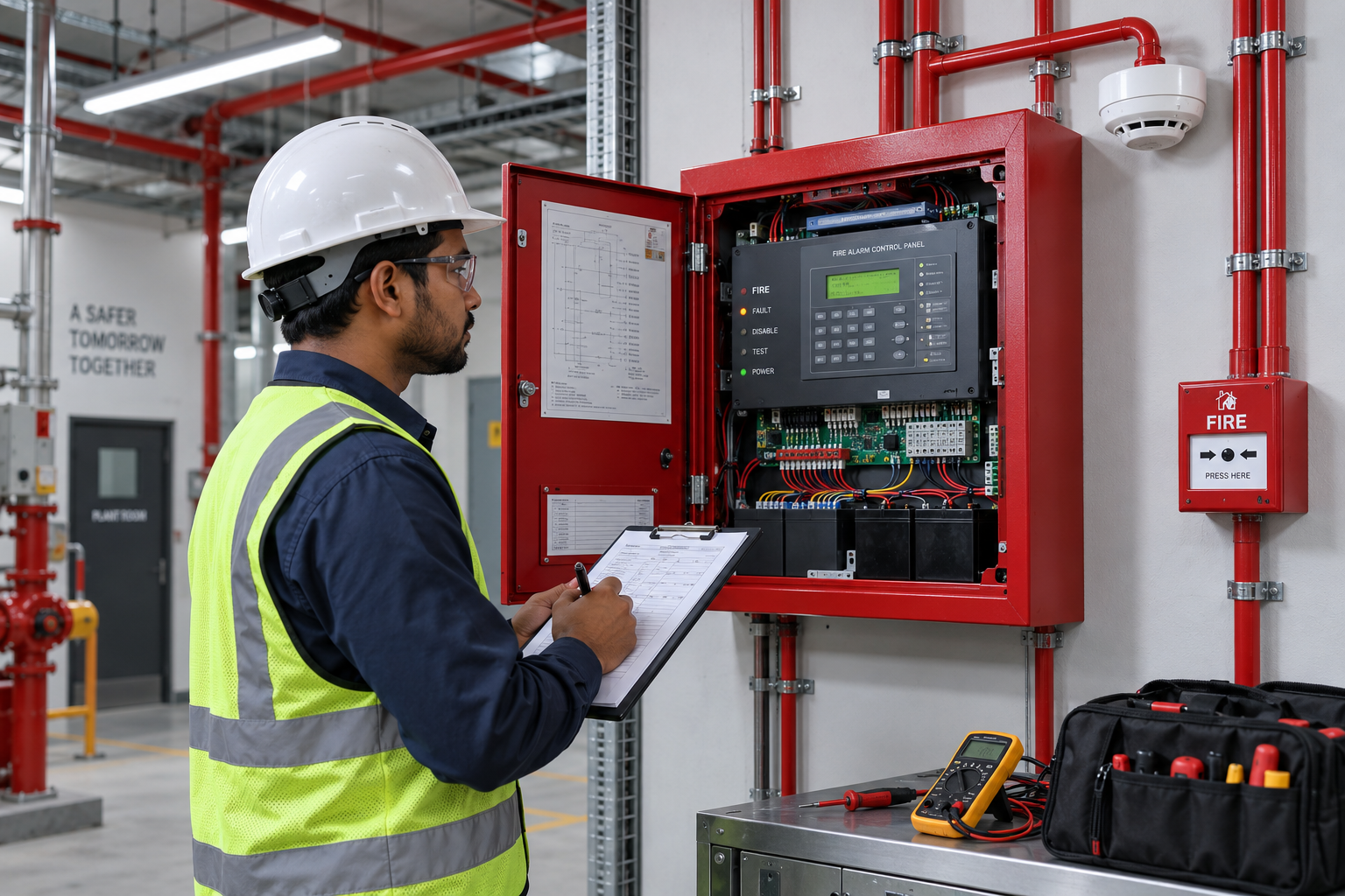 Fire alarm panel being checked against project requirements